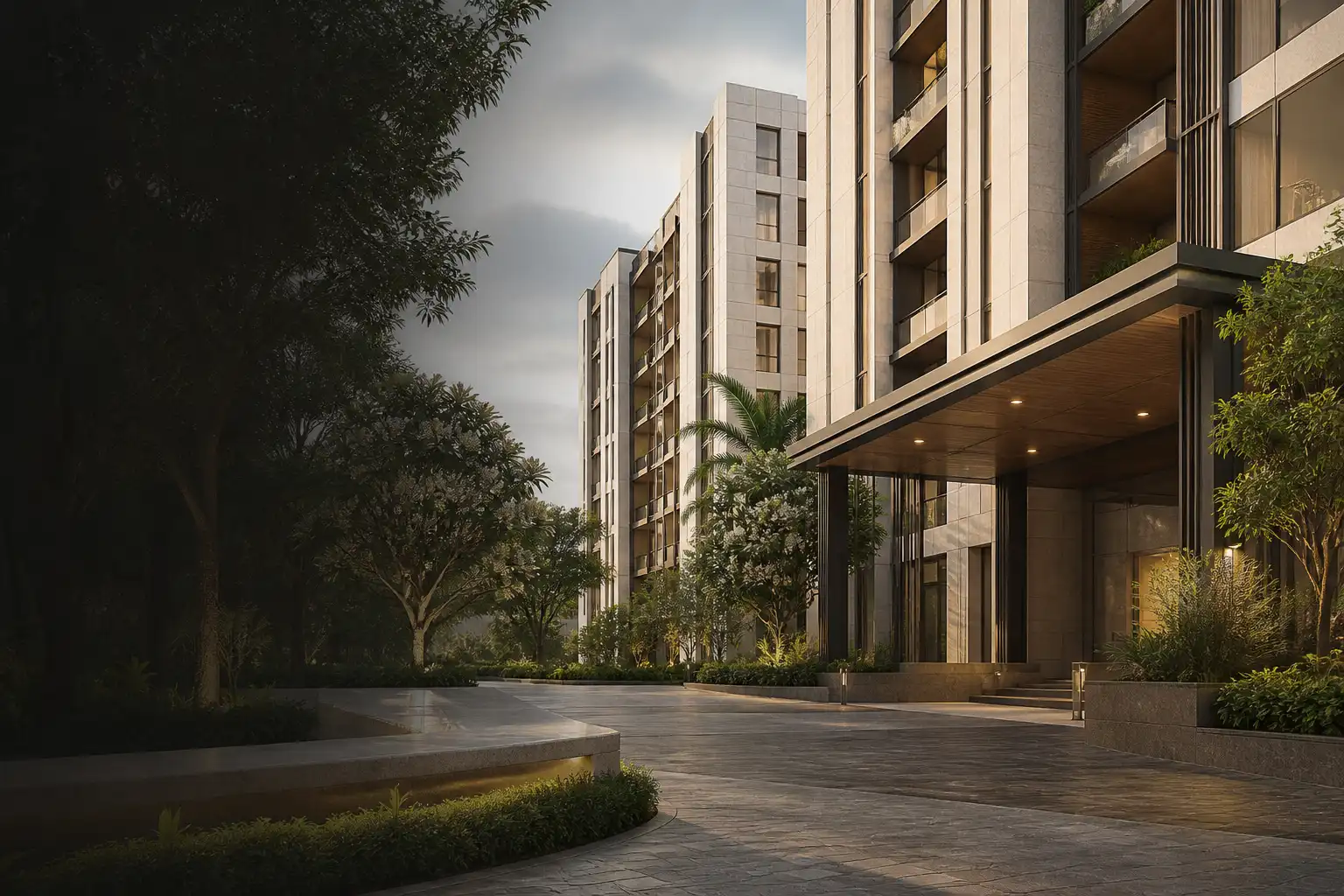 Conceptual contemporary apartment arrival court framed by trees